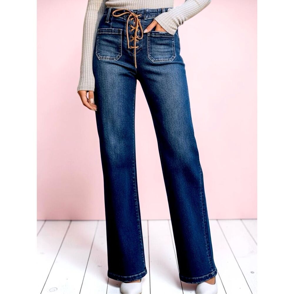 Risen High Rise Wide Leg Lace Up Jeans Dark Wash Tie Patch Pocket Stretch Denim
